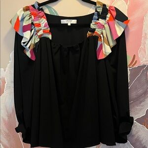 Crosby. Black Blouse with Colorful Ruffle Accents